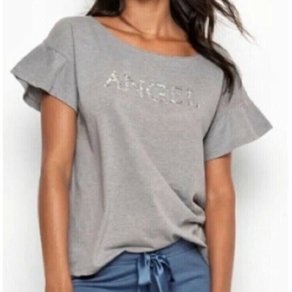 Victoria's Secret Silver Sequin ANGEL Loungewear Tee Top Womens S Ruffle Sleeve